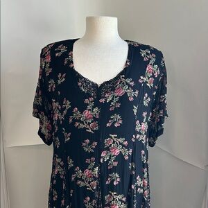 Floral Black Dress with Pink roses, practical magic size L rayon 90s vintage